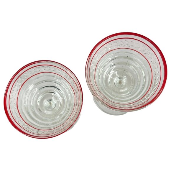 2 Vintage Etched Glass Goblets Red Rim Stripe Wine Cordial Bubble Stem Set pair - Picture 5 of 6
